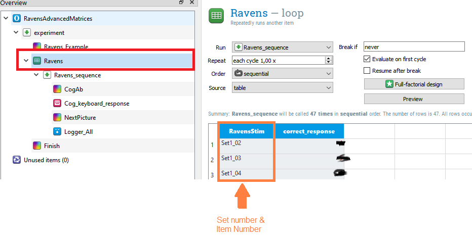 Remove items from the experiment by identifying them in the "Ravens" loop and deleting the corresponding row. Correct responses are blacked out.