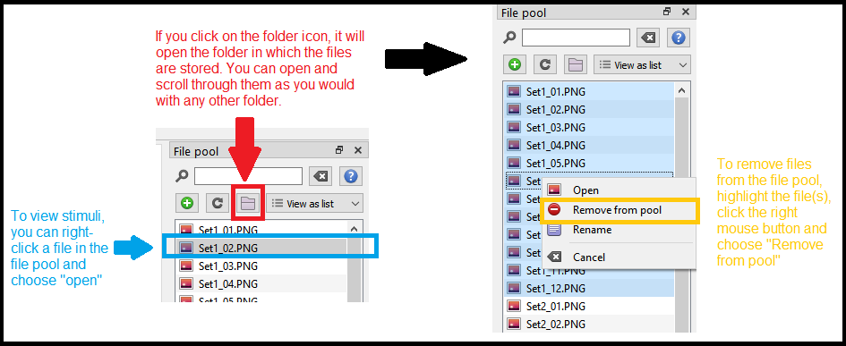 To view stimuli, or remove them from the Open Sesame file completely, you need to open the file pool.