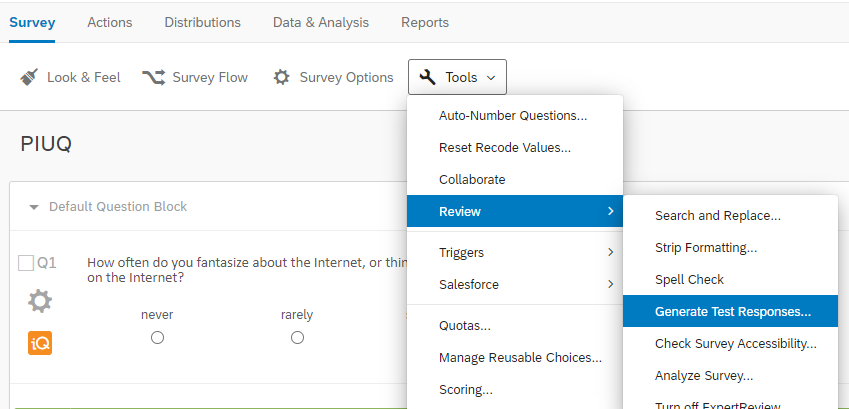 Choose "Tools" -> "Review" -> "Generate Test Responses...".